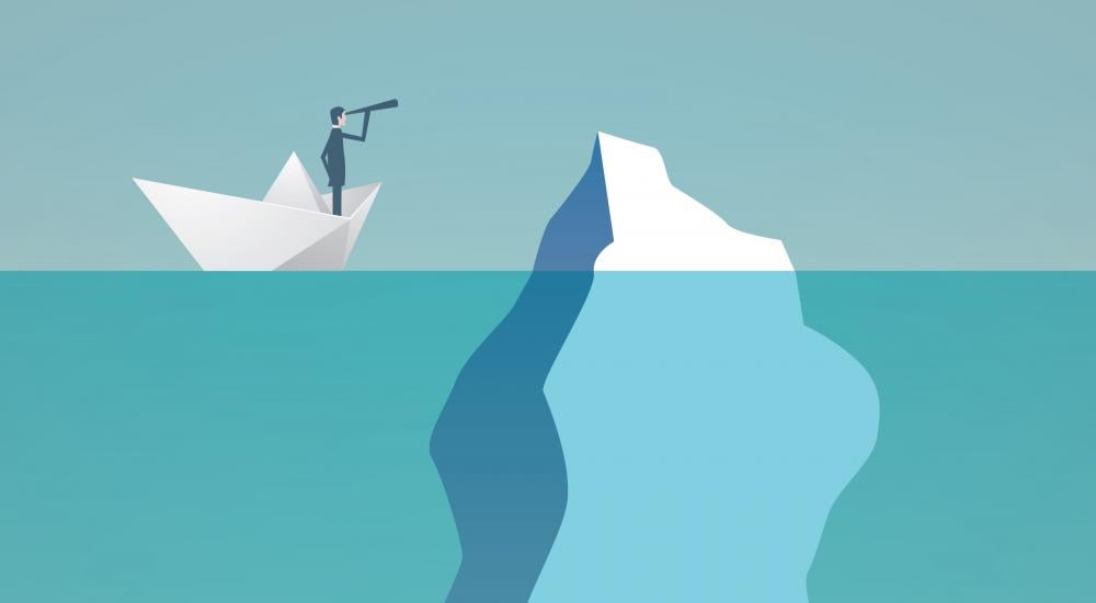 illustration of a man on a boat looking toward an iceberg