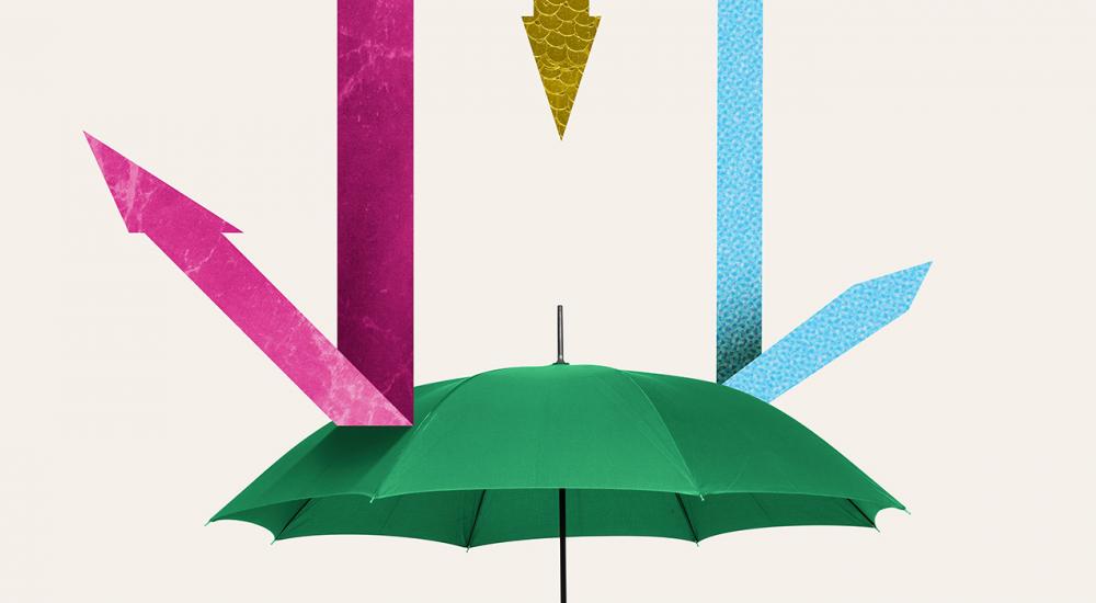 Green umbrella with pink and blue arrows bouncing off