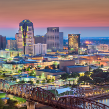 A cityscape of Shreveport Louisiana at Sunset