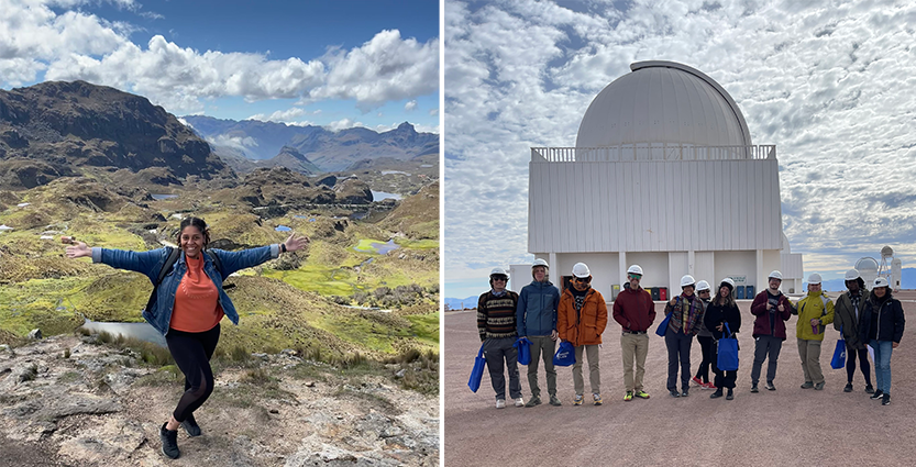 On the left, a student stands triumphantly in a mountainous landscape; on the right, a group of students pose at a planetarium.