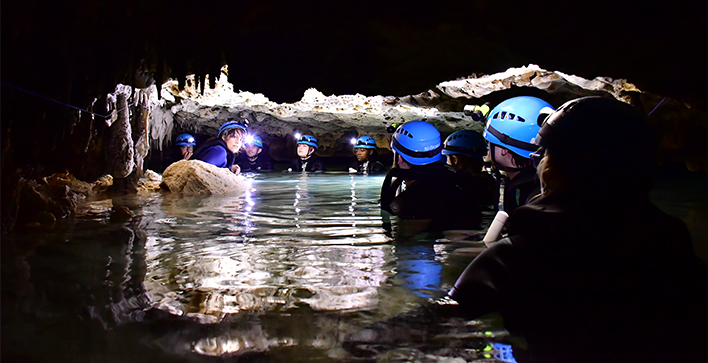 A group of GSU students explore underwater caves in Mexico