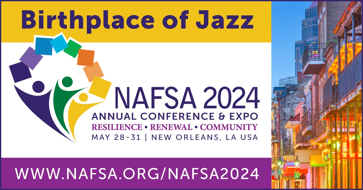 A horizontal ad with NAFSA 2024 logo, a picture of New Orleans, and the heading "Birthplace of Jazz"