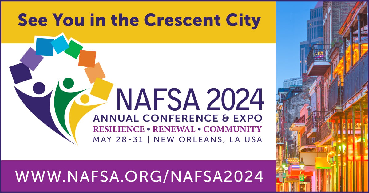 NAFSA 2024 logo with an image of New Orleans and the words "See You in the Crescent City!"