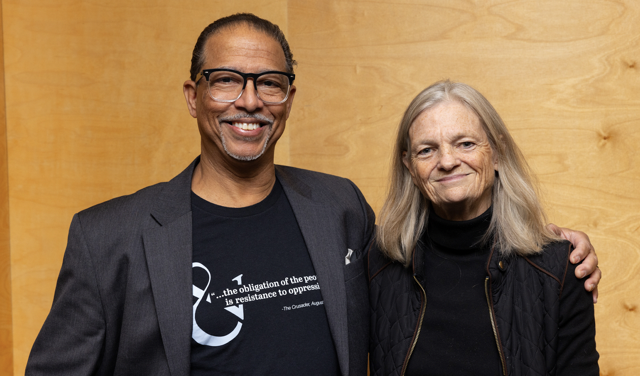 A headshot of Keith Plessy and Phoebe Ferguson arm-in-arm