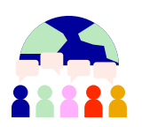 Colorful Human Shapes with speech bubbles and a globe