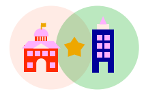 A circle with a building overlaps another circle with a building