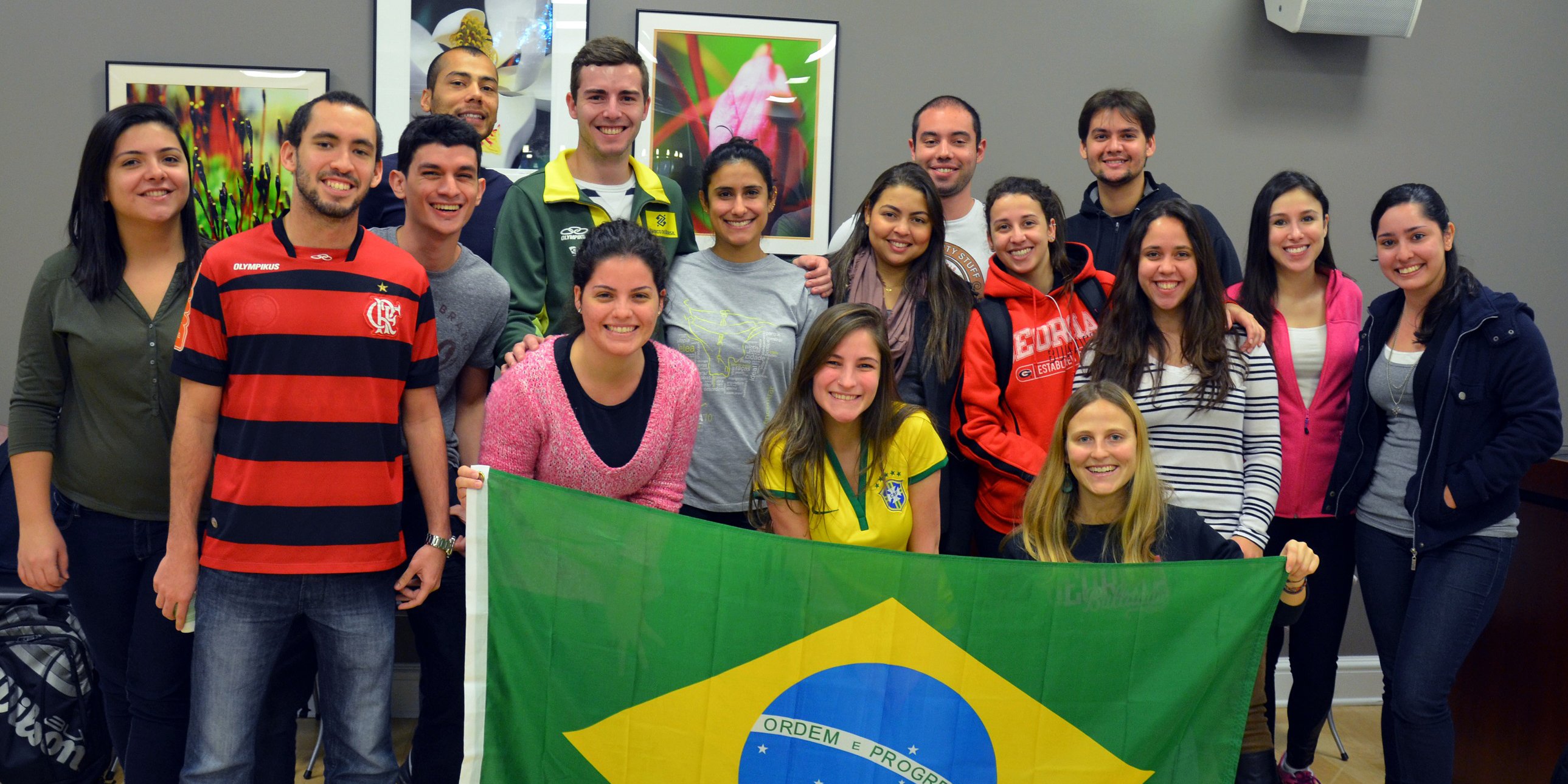 Students with a Brazilian flag