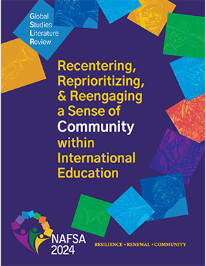 purple background with colorful squares on the periphery, with the words "Recentering, Reprioritizing, and Reengaging a Sense of Community in International Education" in the center