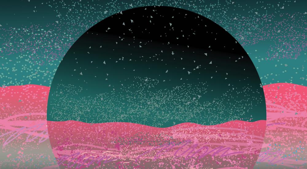 collage illustration of a sphere on a horizon line