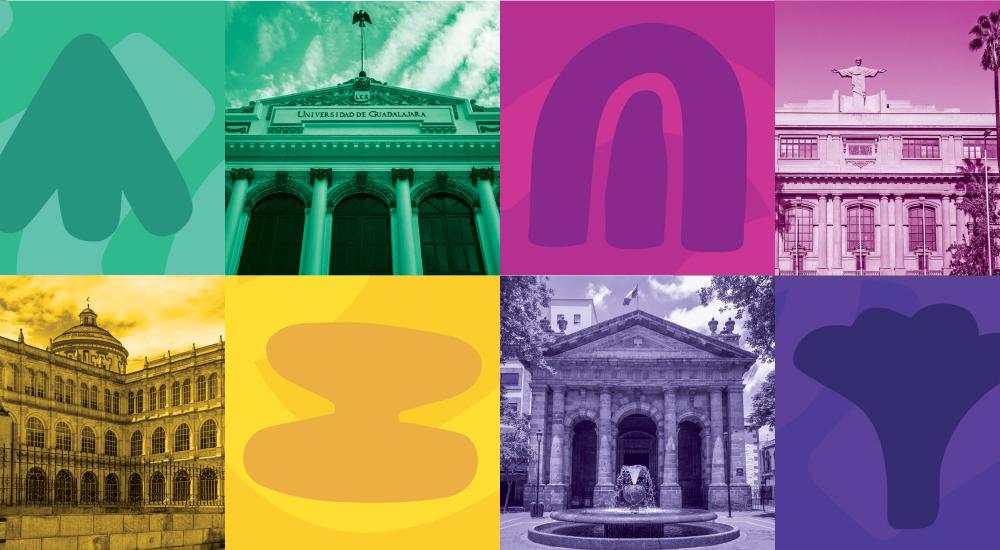multicolor grid of icons and photos of universities