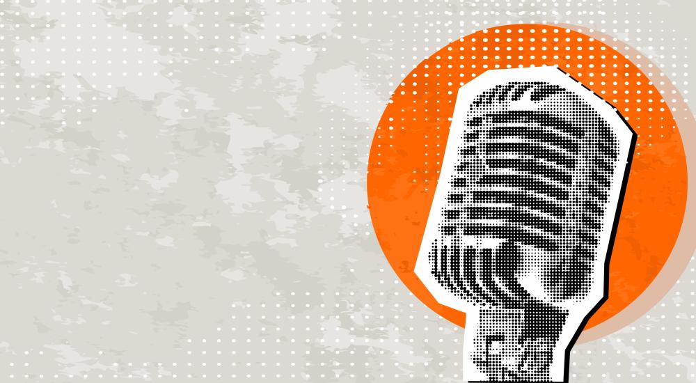 collage-style illustration of microphone on orange circle