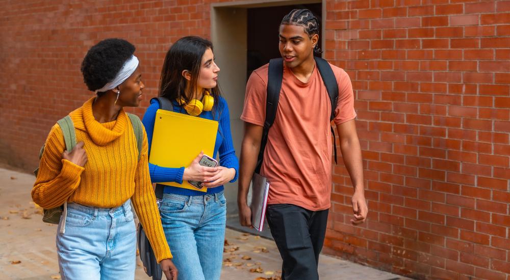 group of young people walking and talking