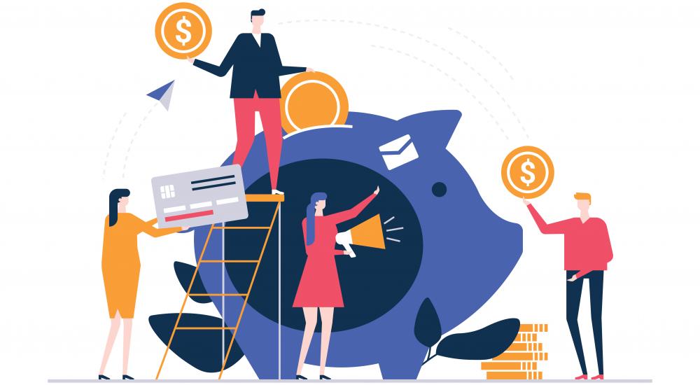 Illustration of people putting money into a piggy bank