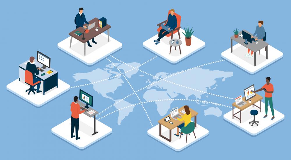 Illustration of people in different work spaces connected