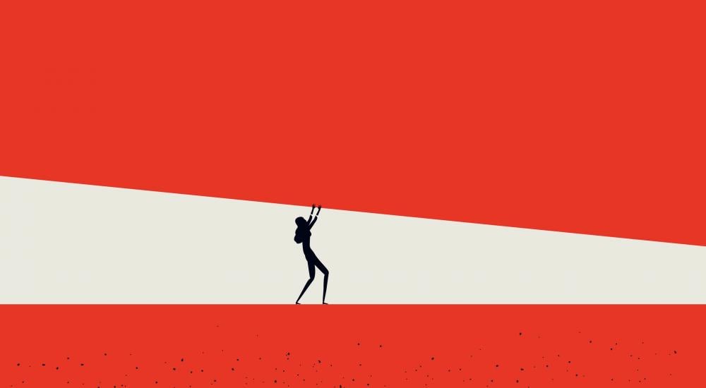 Illustration of a woman pushing up a red shape