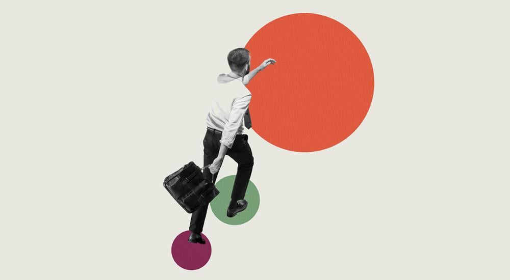 Collage of colored dots and a man with a briefcase