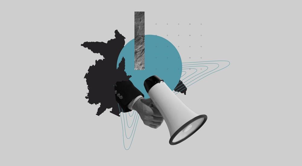 collage style image of hand holding megaphone with geographical shapes