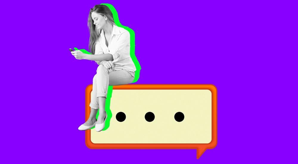 Illustration of a woman sitting on a chat bubble