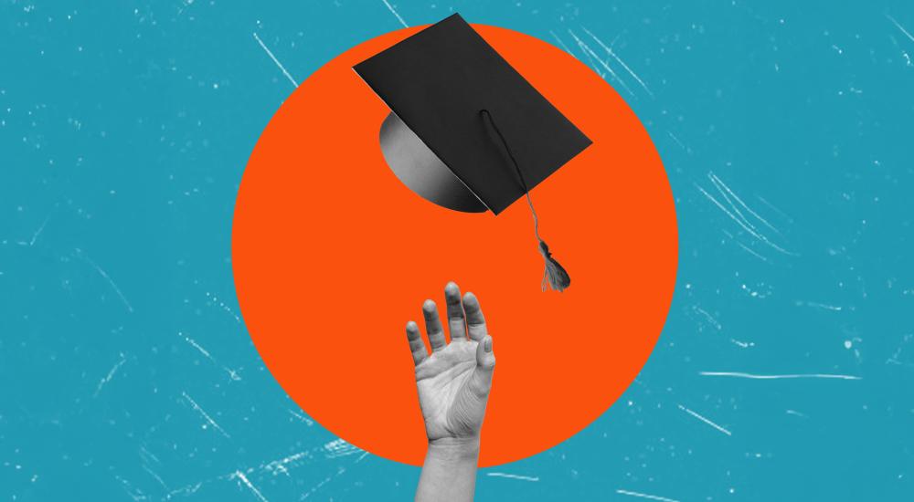 Illustration of a hand reaching toward a graduation cap.