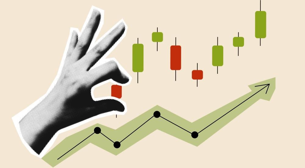 Illustration of a hand and a line graph going up
