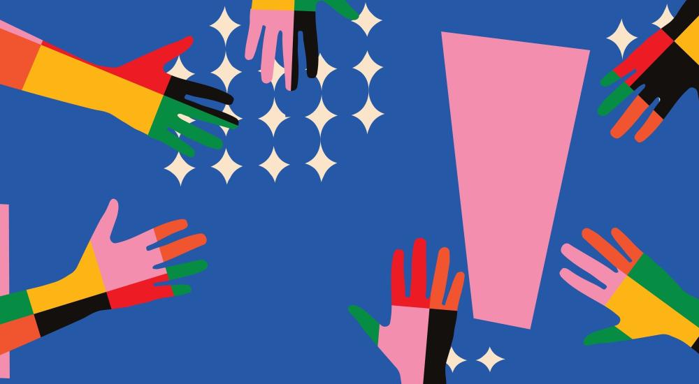 Multicolored illustration of hands reaching toward each other.