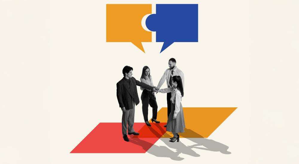 collage-style illustration of group of people working together