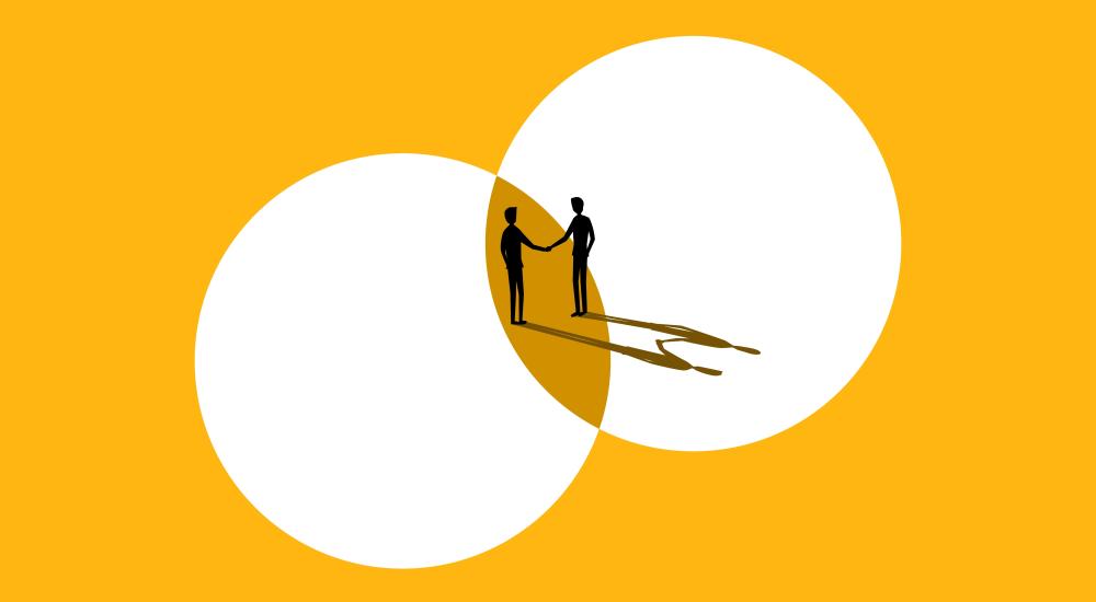illustration with people in silhouette standing on overlapping circles and shaking hands