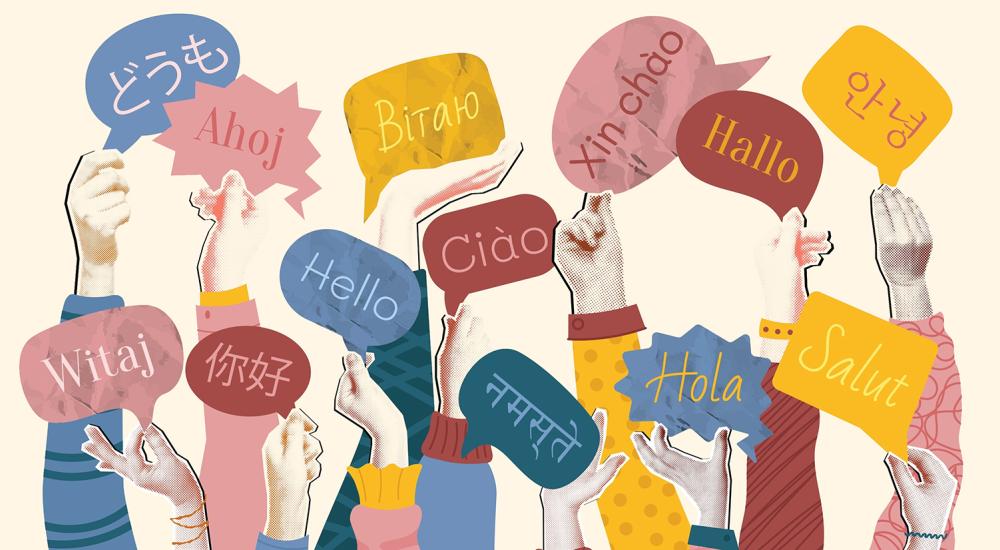 illustration of hands holding multicolor signs with greetings in various languages