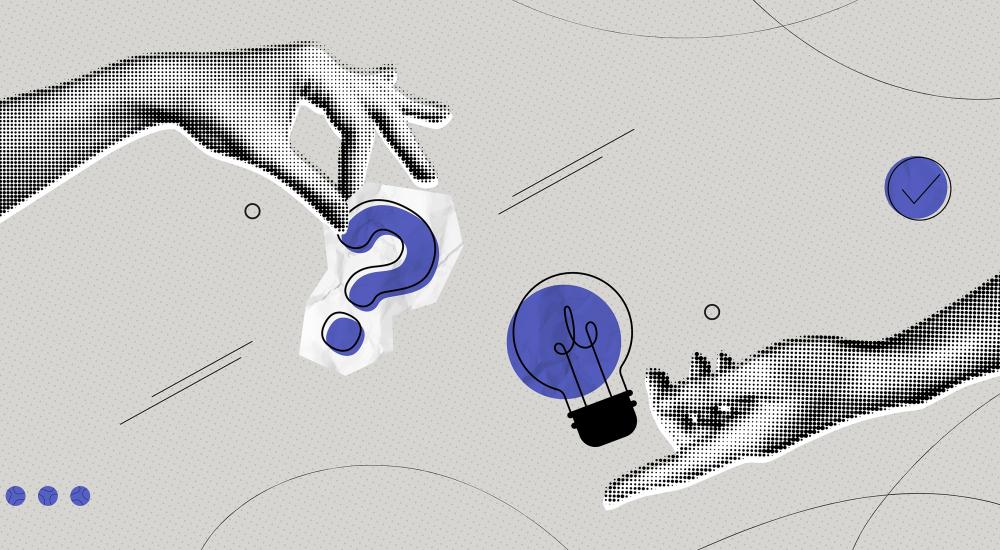 collage-style illustration of two hands holding a question mark and light bulb