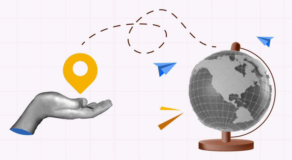 collage style illustration of hand holding map pin with dotted line to globe
