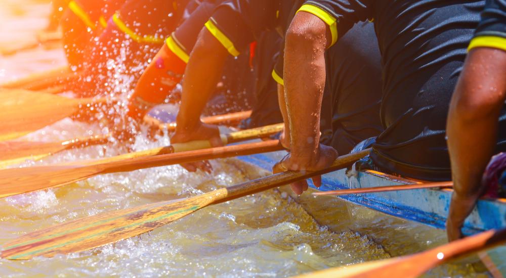 photo of people paddling a boat together