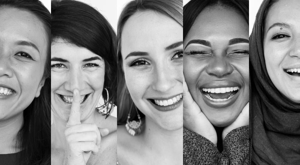 black and white portraits of women smiling