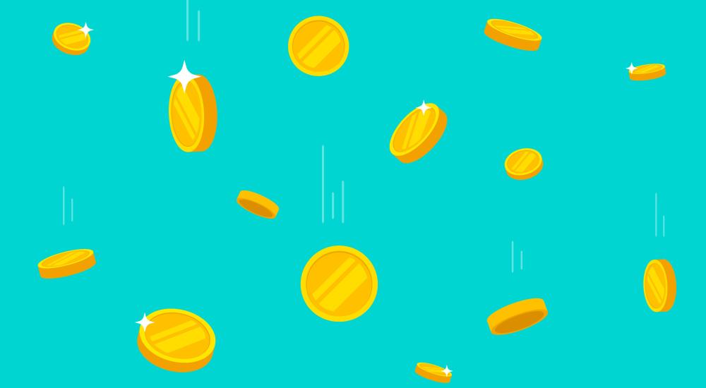 Illustration of coins falling against a blue background