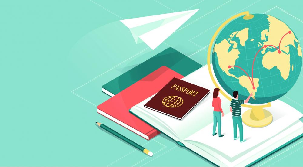 Illustration of a globe, paper airplane, books, and passport