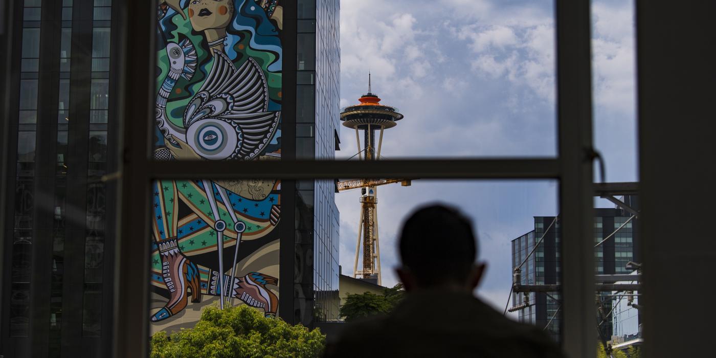 A Northeastern student works at the Northeastern Seattle campus