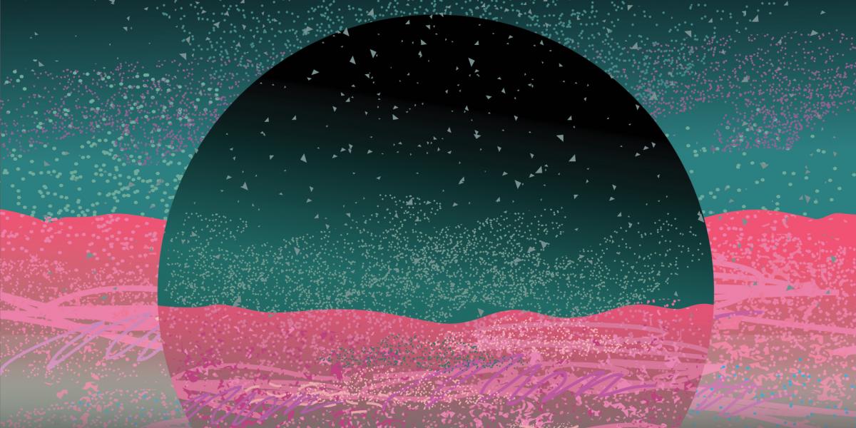 collage illustration of a sphere on a horizon line