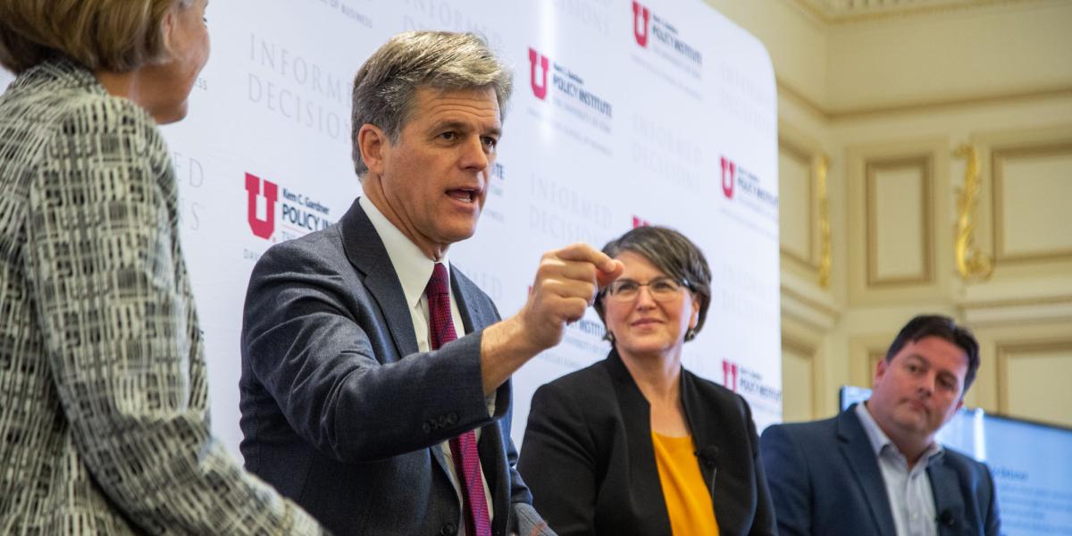 Tim Shriver speaking on a conference panel.
