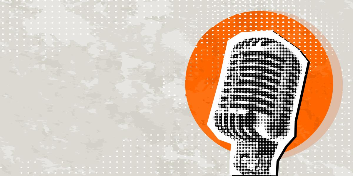 collage-style illustration of microphone on orange circle