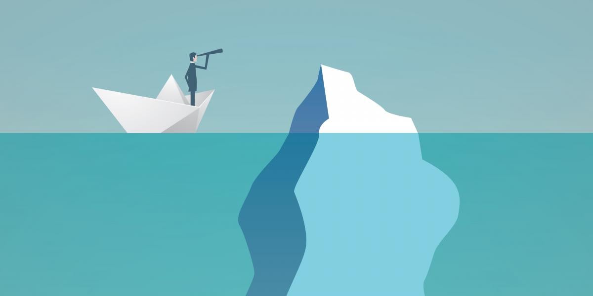illustration of a man on a boat looking toward an iceberg