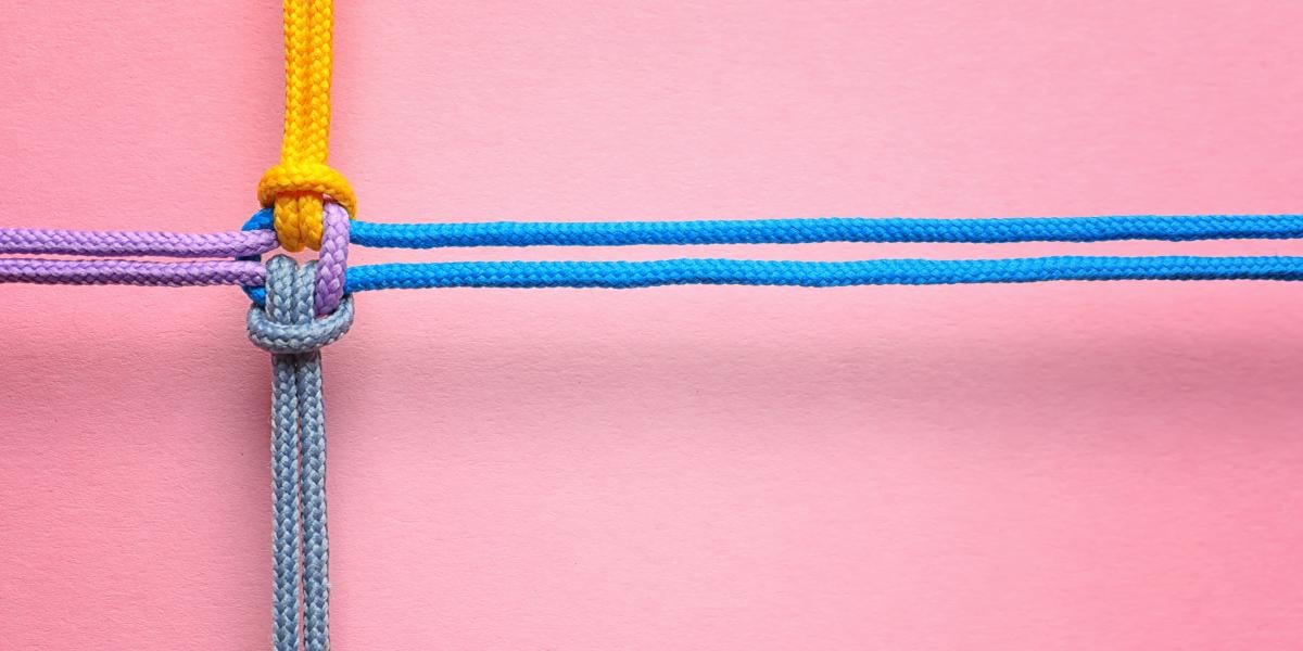 Four colored ropes knotted together on a pink background