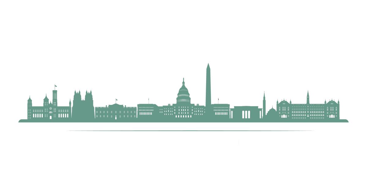 flat illustration of D.C. skyline in green, on white background