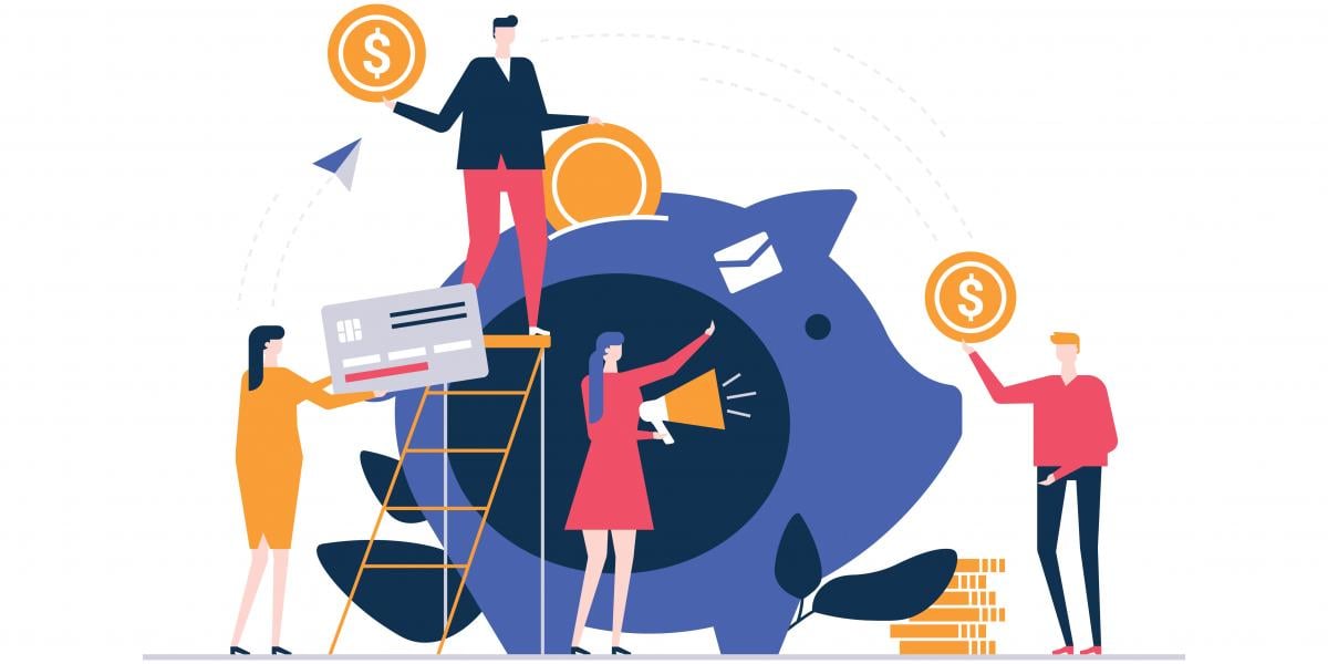 Illustration of people putting money into a piggy bank