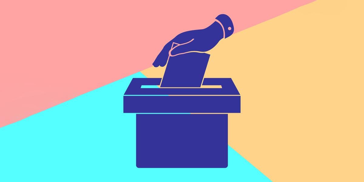 illustration of hand putting paper in ballot box on multicolor background
