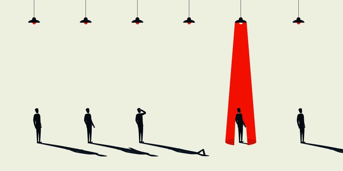 illustration of five figures, one with red spotlight on them