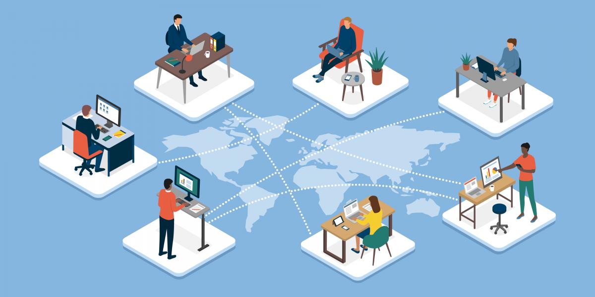 Illustration of people in different work spaces connected