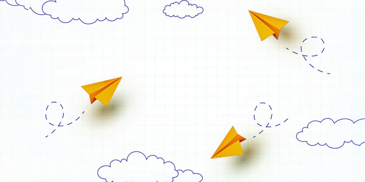 yellow paper airplanes with drawn clouds and paths in background