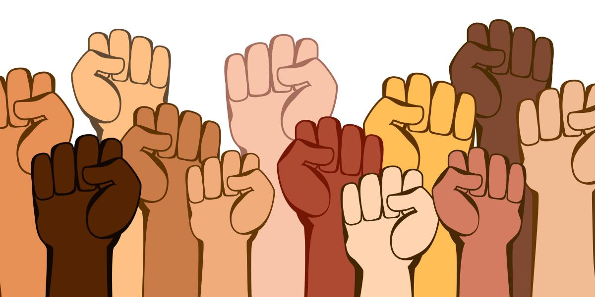 Illustration of different colored fists all raised in the air