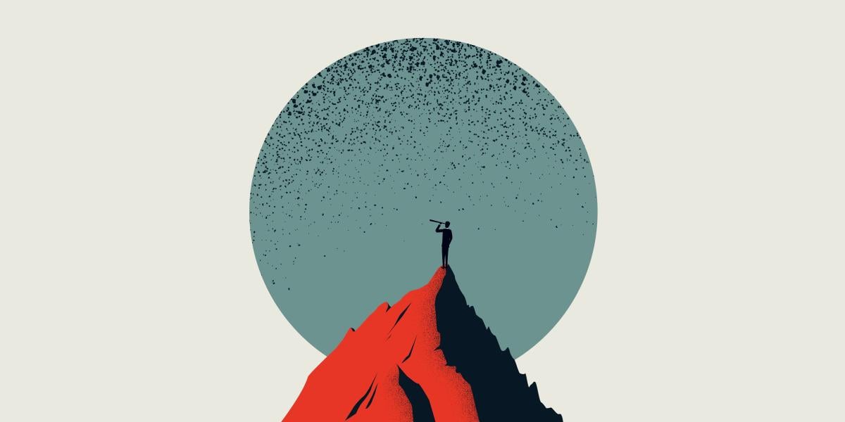 Illustration of a person standing on top of a red mountain with a large moon in the background