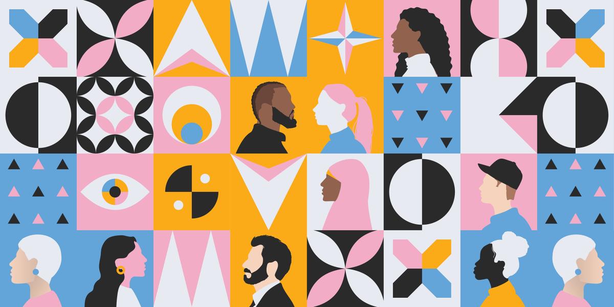 illustration of diverse people in profile and abstract icons