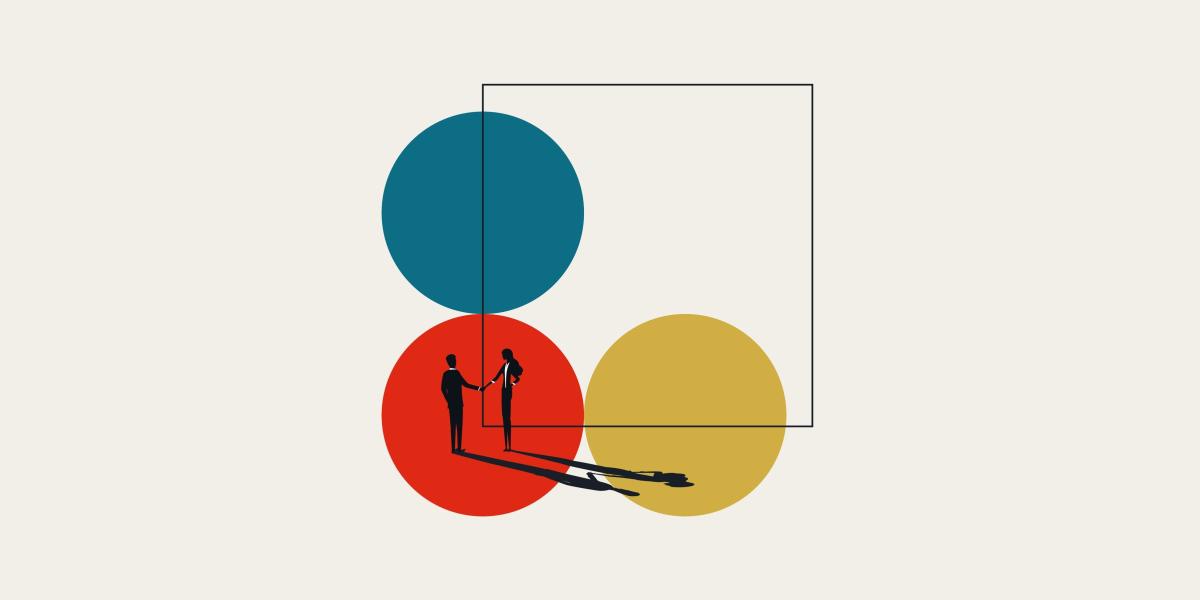 illustration of two figures in silhouette shaking hands on abstract background